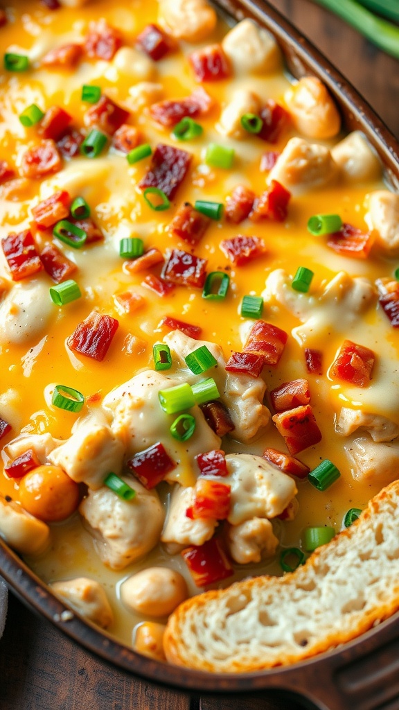 A bubbling chicken bacon ranch casserole topped with melted cheese and garnished with green onions.